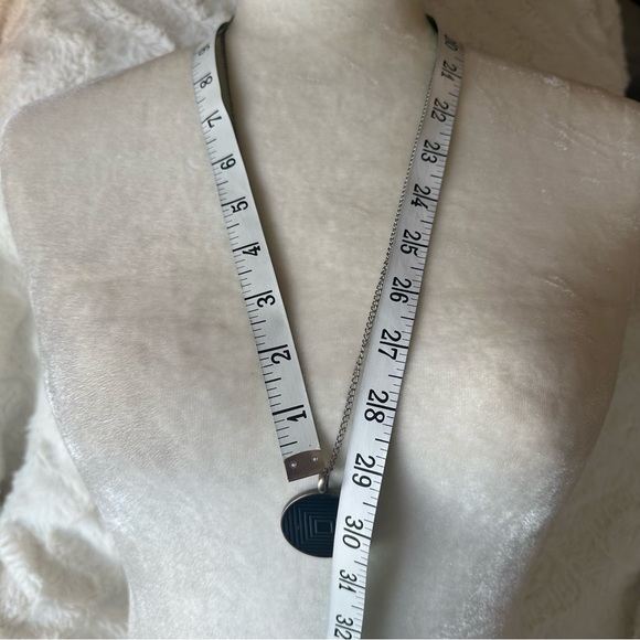 Blue Geometric Textured Metal Pendant and Silver Tone Chain - Picture 5 of 6